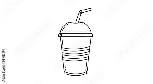 Minimalist line art illustration of a disposable beverage cup with a domed lid and drinking straw suitable for fast food menu designs.