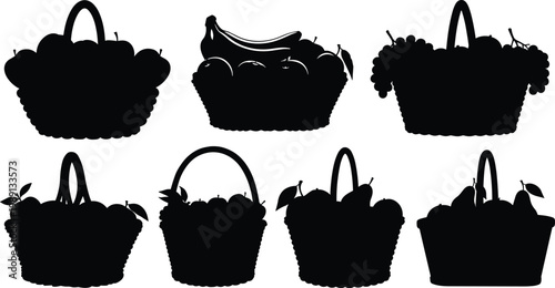 Black fruit basket icon set, fresh produce silhouettes, organic food containers, minimalist flat vector design isolated on white background