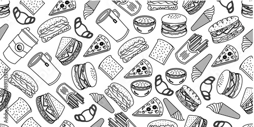 Fast foods doodle pattern. Seamless fast foods pattern in doodle style. Seamless pattern of fast foods doodle with coffee drink.	
