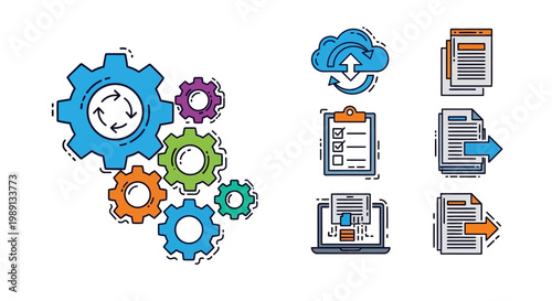 Gears and icons for technology concept.