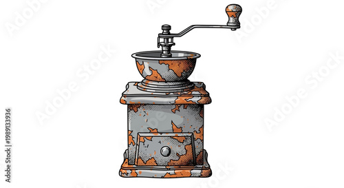 Antique coffee grinder, vintage, rustic, illustration