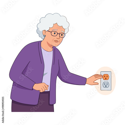 Elderly woman cautiously touches a glowing electrical outlet with concern.