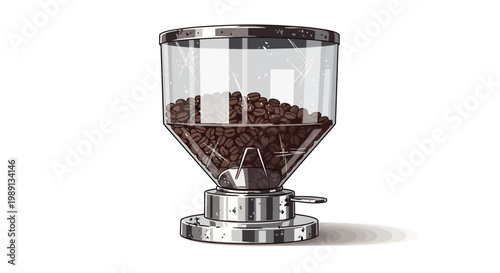 Coffee grinder hopper filled with roasted beans, isolated on white.