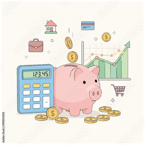 Piggy Bank and Calculator with Falling Coins and Financial Graph.