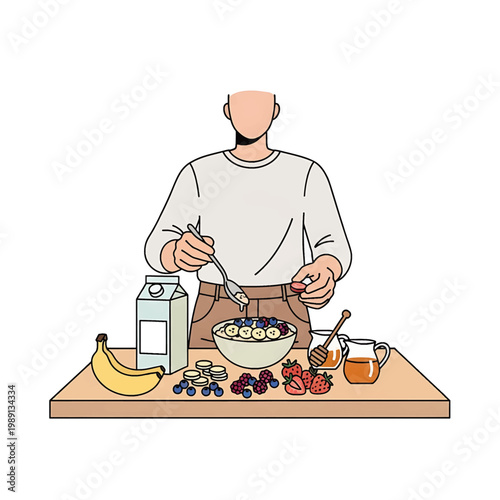 Man eating breakfast with cereal bowl.