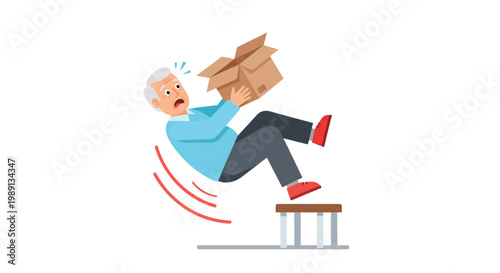 Elderly man falling backwards while holding a cardboard box in this expressive flat vector graphic design
