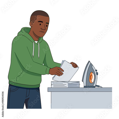 A man is ironing papers on a ironing board with an iron nearby indoors.