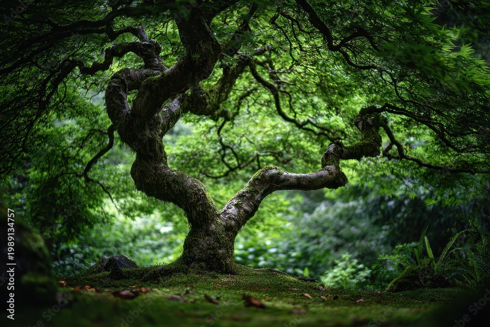 Fototapeta premium Close-up of rough bark and twisting branches reaching toward a dense green canopy