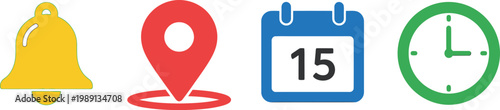 Colorful interface icons set, flat notification bell and map pin, calendar and clock