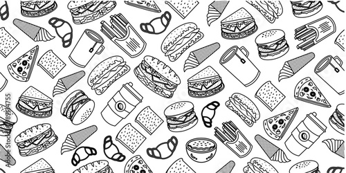 Fast foods doodle pattern. Seamless fast foods pattern in doodle style. Seamless pattern of fast foods doodle with coffee drink.	
