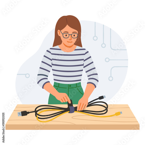 A woman is assembling electronic cables on a wooden workbench indoors