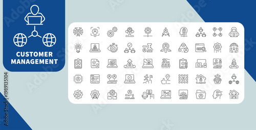 Customer Management Line Icon Set, CRM Support User Service Business Relationship Outline Icons