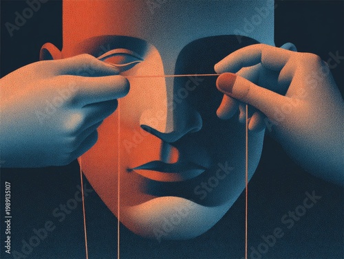 Surreal artwork of hands manipulating a puppet face with strings.