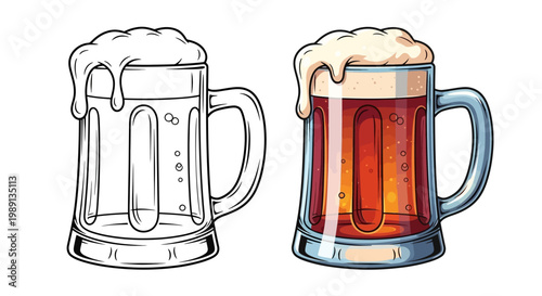 Beer Mug with Foam and Bubbles - Line Art and Full Color Comparison