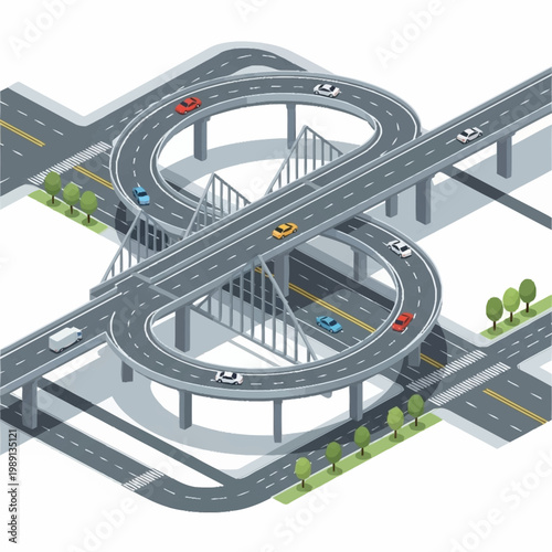 Complex highway interchange with cars driving on roads.
