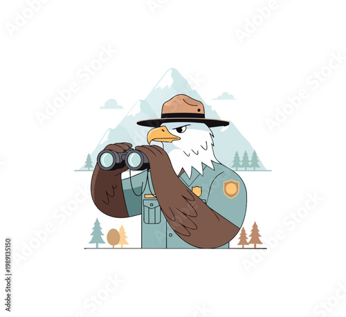 Eagle ranger with binoculars mountain scene illustration
