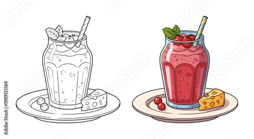Hand-drawn illustration of a berry smoothie with mint and cheese on a plate, line art and colored version
