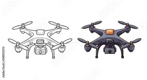 Drone outline and colored version, aerial photography device, quadcopter, technology concept