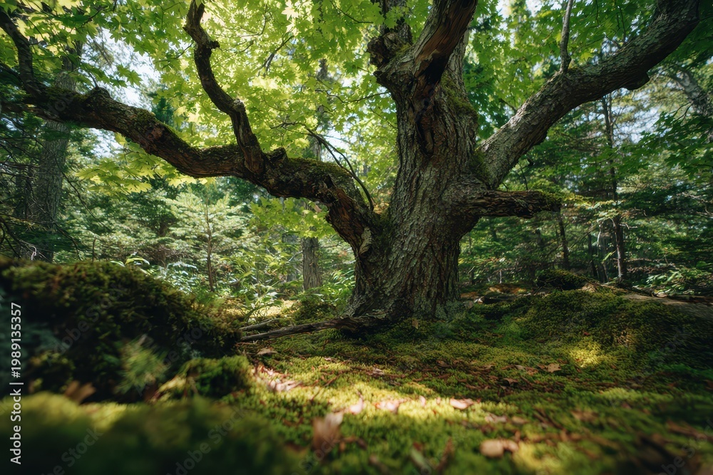 Fototapeta premium Gnarled maple tree with a lush green canopy bathed in dappled forest light