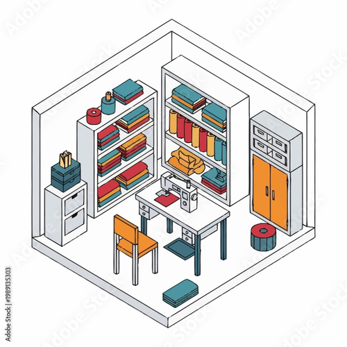 Illustration of a compact storage room with shelves and cabinets.