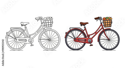 Vintage Bicycle with Basket - Line Art and Color Version
