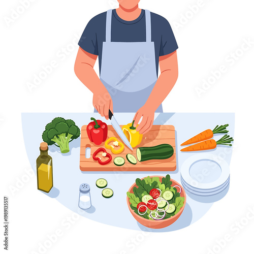 Man cutting vegetables on wooden board.