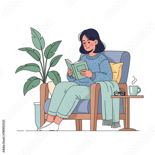Woman sitting in chair reading book.