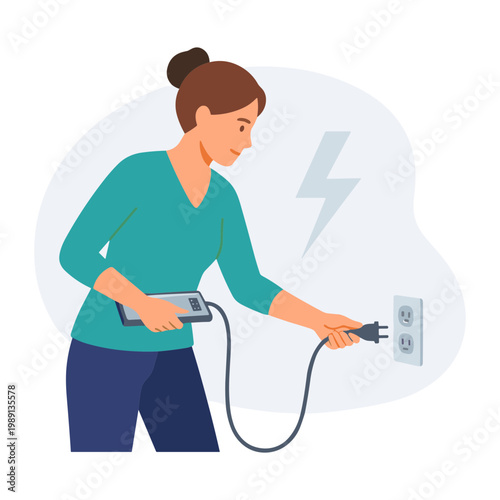 A woman safely uses a device near an electrical outlet with caution.