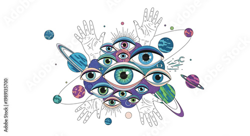All seeing eye with colorful planets.