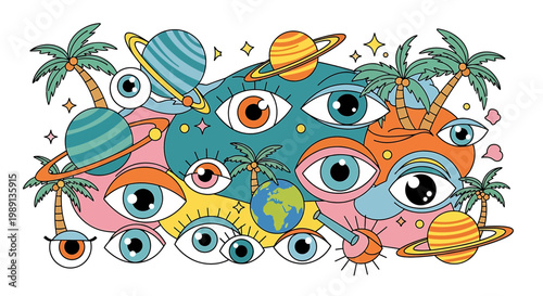 Colorful illustration of multiple eyes.