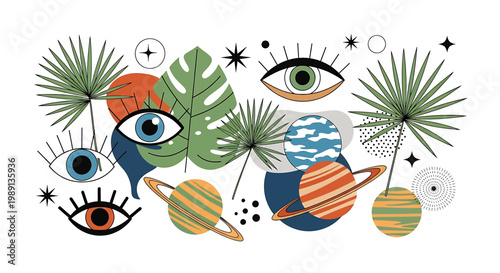 Eyes with colorful makeup planets.