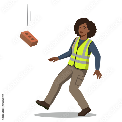 A construction worker dodges a falling brick on a site outdoors quickly.
