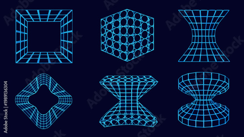 A collection of six abstract geometric shapes rendered in a glowing blue wireframe style
