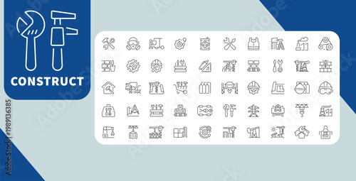 Construction Line Icon Set, Building Engineering Tools Industrial Work Outline Icons Collection
