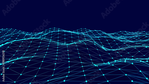 Abstract blue wireframe landscape depicting a digital terrain or wave pattern
