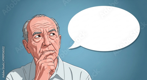 Elderly man thinking with a blank speech bubble concept of contemplation and communication isolated on blue background