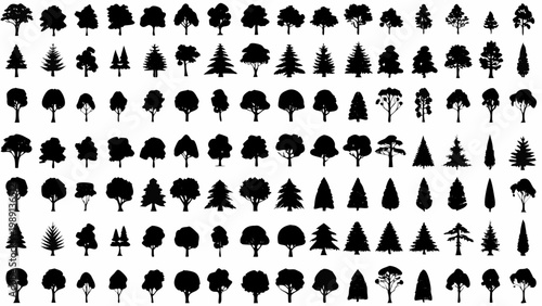 A collection of various black silhouette trees arranged in a grid pattern on a white background