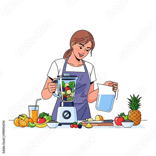 Woman blending fruit in blender.