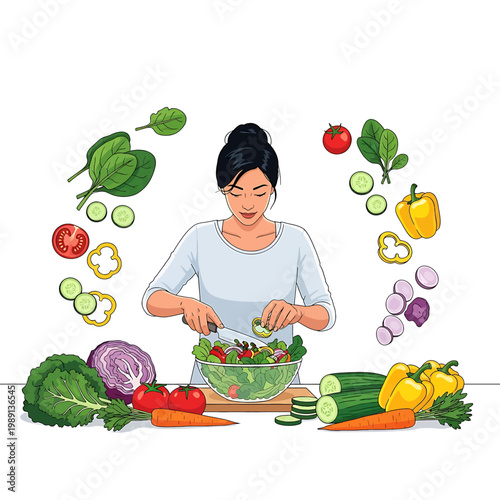 Woman preparing a colorful vegetable salad.
