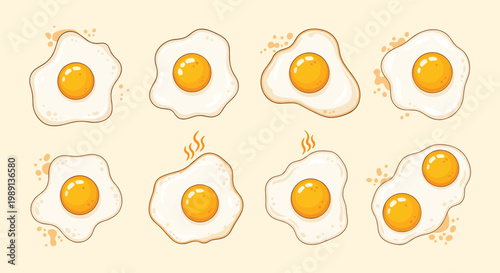 Delicious looking fried eggs with bright yellow yolks are shown in various arrangements including single eggs and a double yolk version.