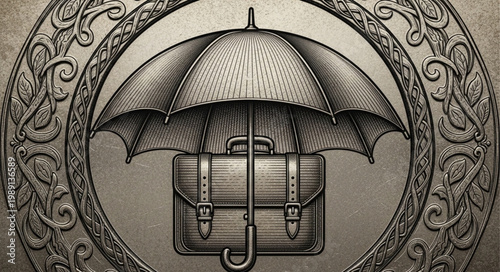 Vintage briefcase protected by an umbrella emblem.