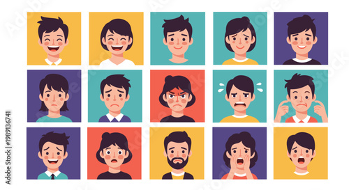 Colorful grid of fifteen cartoon portraits shows people expressing a wide range of emotions from happiness and anger to sadness.