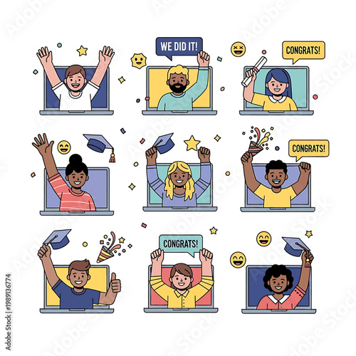 People Celebrating on Computer Screens.