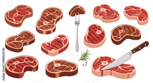 Extensive collection of raw and grilled meat steaks is shown with culinary accessories like a carving knife, sprig of rosemary, and fork.