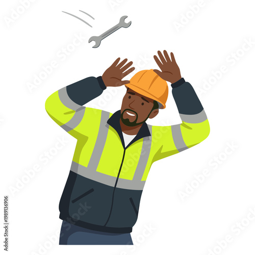A construction worker wearing a hard hat dodges a flying wrench on a site.