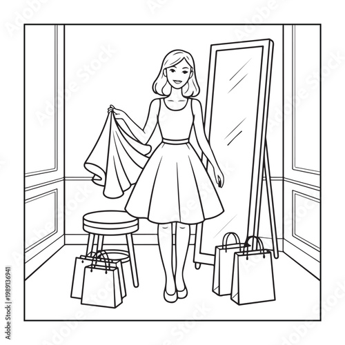 Rich girl moments: Bold and easy coloring pages for adults. line art illustration.