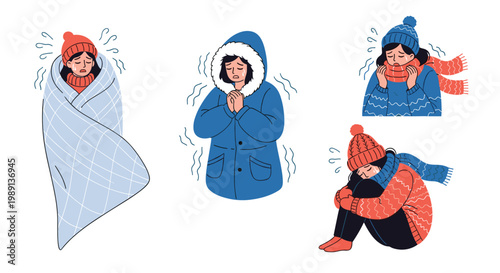 Four illustrations of people feeling extremely cold are shown shivering while wearing heavy coats, scarves, and wrapping in blankets.