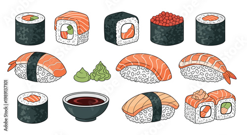 Delicious assortment of Japanese sushi rolls and nigiri is shown with traditional accompaniments like wasabi, ginger, and soy sauce.