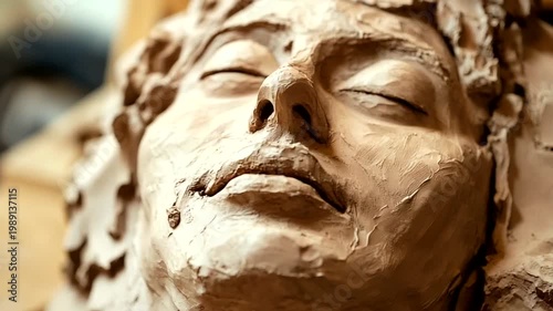 Close-up of a sculptor's clay model of a serene face in a workshop surrounded by tools