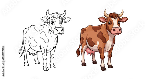 Cute Brown Cow Coloring Page and Finished Illustration